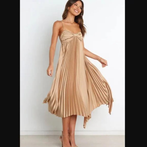 COPY - Petal & Pup Vikki Gold Satin Pleated Asymmetrical Hem Midi Dress 0 - Picture 7 of 11